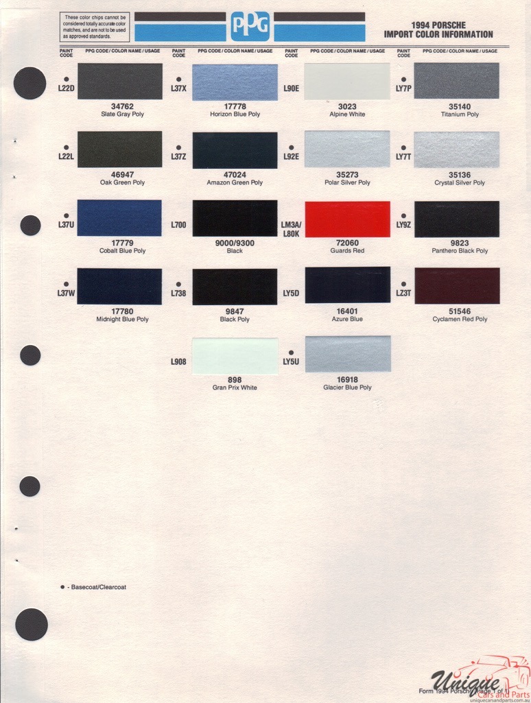 1994 Porsche Paint Charts PPG